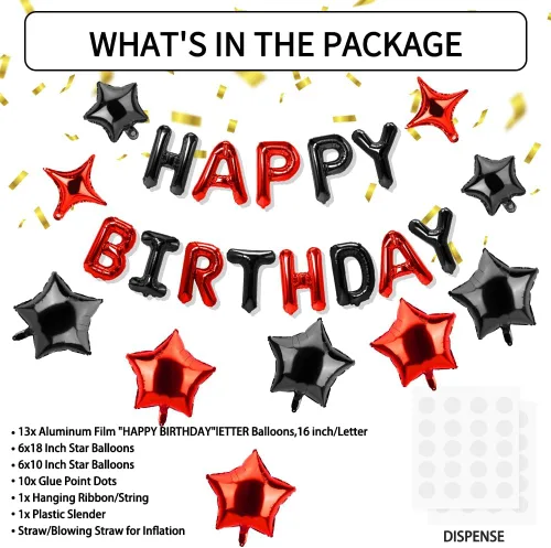 Vista 2 de Cartel de feliz cumpleaños – 13 globos negros y rojos, globo de letras de aluminio de 16 pulgadas con 12 globos de estrella para suministros