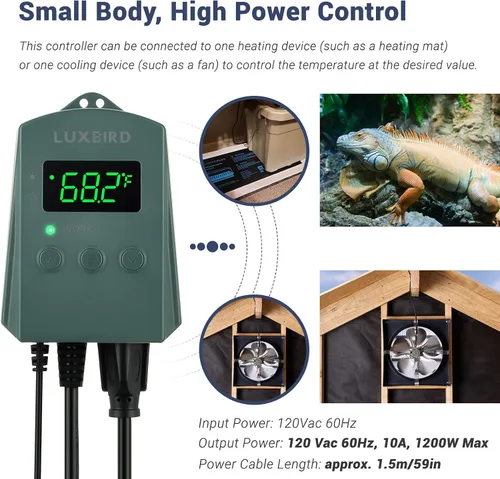 Vista 5 de LUXBIRD Termostato digital con termostato de calor y refrigeración de 10 A 1200 W para plántulas, reptiles y cerveza, cría, incubación, invernadero