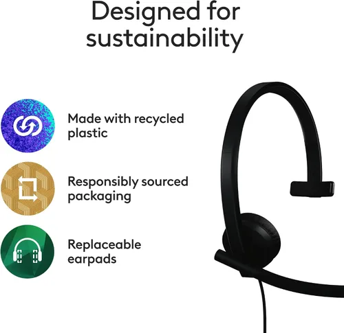 Vista 7 de Logitech H570e - Auriculares USB con micrófono para PC y Mac, auriculares con cable USB-A con sonido mono, micrófonos con cancelación de ruido