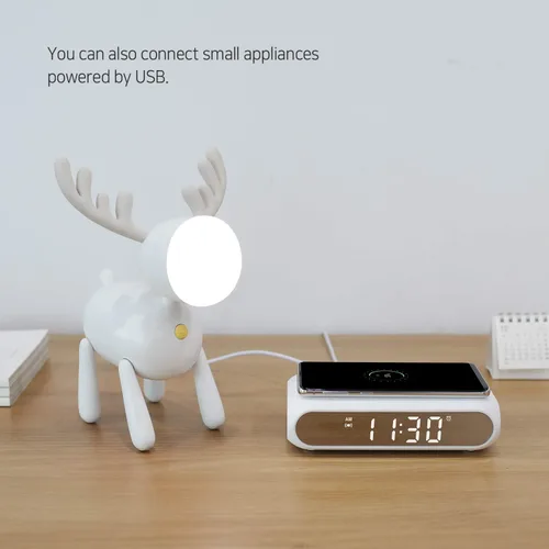 Vista 4 de Mooas Qi Wireless Charging Slim Mirror Desk Clock (blanco), compacto reloj despertador digital con puerto USB, cargador inalámbrico para iPhone