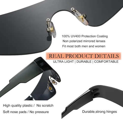 Vista 5 de Azoxus Gafas de sol envolventes sin montura para mujeres y hombres Cyberpunk Y2k, gafas futuristas con espejo AZ9597