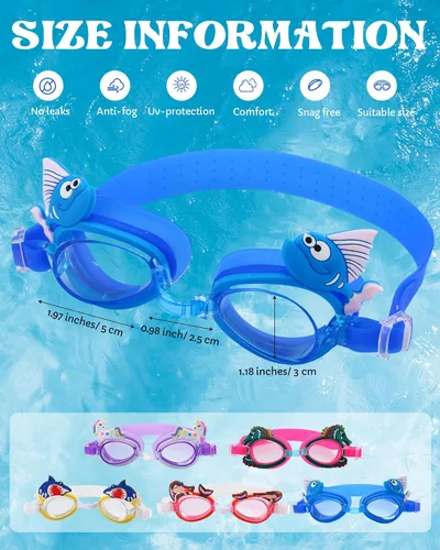 Vista 4 de Relaxweex 15 pares de gafas de natación para niños, gafas de natación antivaho, anti-UV, con estuches, lindos tiburones, sirenas, peces para niños