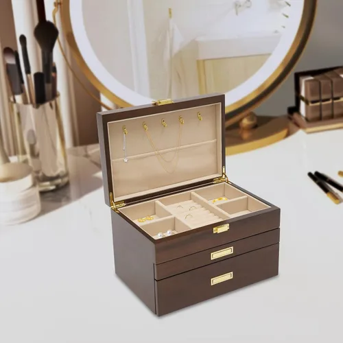 Vista 2 de LOYALHEARTDY Joyero de madera de 3 capas, organizador grande para mujeres, para anillos, collares, aretes, pulseras, caja de almacenamiento