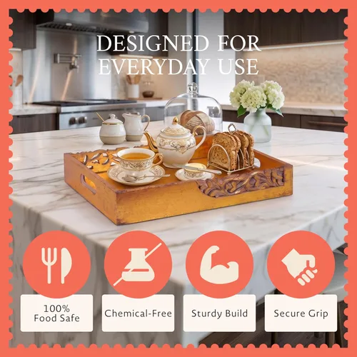 Vista 3 de Mela Artisans Bandeja para servir de madera de mango de 16 x 12 x 2.5 pulgadas con asas, dorado envejecido florecido, tabla de servir de madera