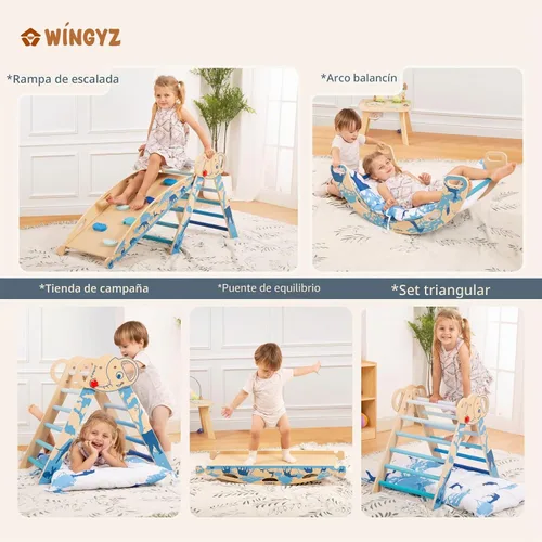 Vista 5 de WINGYZ Pikler Triangle Set, Montessori 8 en 1 Juego de escalada con cojín Azul