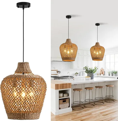 Vista 12 de lámparas colgantes de ratán, luz colgante de ratán boho de 11.02", juego de 2 lámparas colgantes tejidas a mano de seagrass para lugares de trabajo