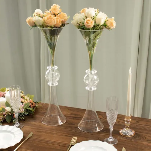 Vista 7 de Tableclothsfactory Paquete de 2 Centro de mesa de trompeta con adornos de cristal transparente de 21 pulgadas, jarrón reversible de plástico
