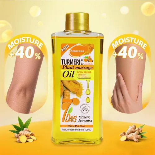 Vista 3 de Aceite corporal de cúrcuma de 6.8 fl oz para masaje e hidratación diaria, hidratación profunda con vitamina E, colágeno, aceite de cúrcuma para cara