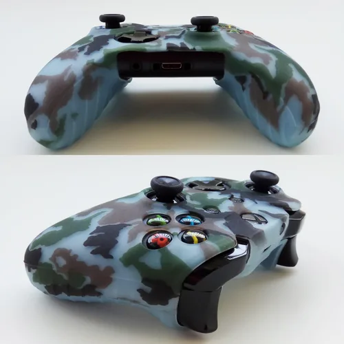 Vista 2 de Hikfly Kit protector de piel de silicona para Xbox One - Camuflaje con 8 tapas de agarre para pulgar (azul claro)