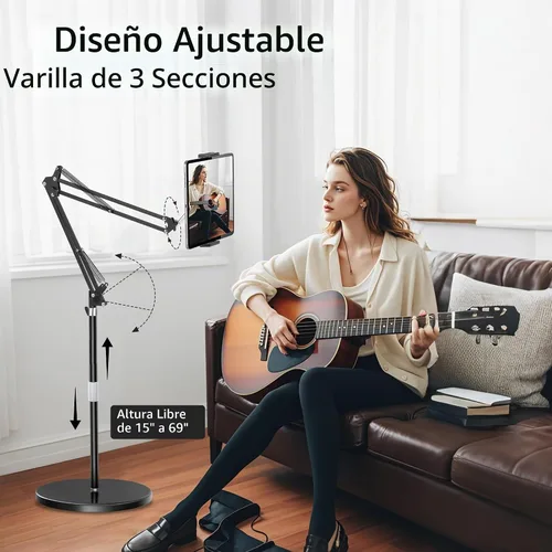 Vista 5 de Soporte de piso para tablet con base estable de 12 libras, soporte para teléfono iPad con brazo elástico de altura ajustable para iPad Pro Air Mini