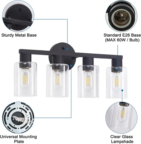 Vista 9 de Lámpara de tocador de baño de 4 luces, lámparas de baño negro mate con pantalla de vidrio transparente, 4 luces de tocador, accesorios