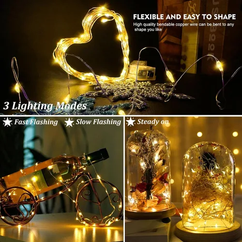 Vista 2 de Paquete de 12 luces LED de hadas AIKEI que funcionan con pilas, cable plateado impermeable de 7 pies, 20 luces LED de luna estrellada de luciérnaga