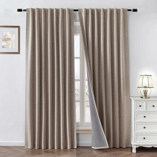 Vista 23 de Cortinas 100% opacas de lino sintético, 90 pulgadas de largo, 2 paneles para dormitorio o sala de estar, térmicas y atenuantes, con lengüetas
