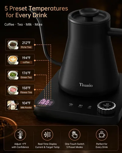 Vista 7 de Hervidor eléctrico de cuello de cisne para verter sobre café, control de precisión de ±1 °F, calefacción inteligente de dos etapas, 2 horas
