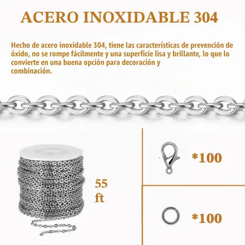 Vista 3 de Cadena de eslabones de cable de 16.76 m YZDTECH para hacer joyería, cadena de acero inoxidable en forma de O con 100 piezas de anillos de salto