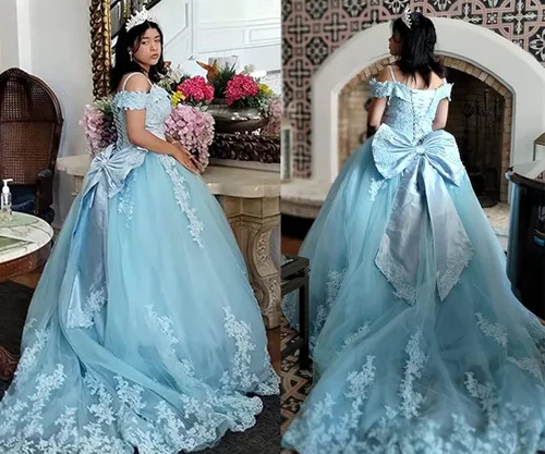 Vista 6 de PFTFB Vestidos de quinceañera con hombros descubiertos para mujer, vestidos de tul hinchados con tren, encaje y cuentas, vestido largo de baile