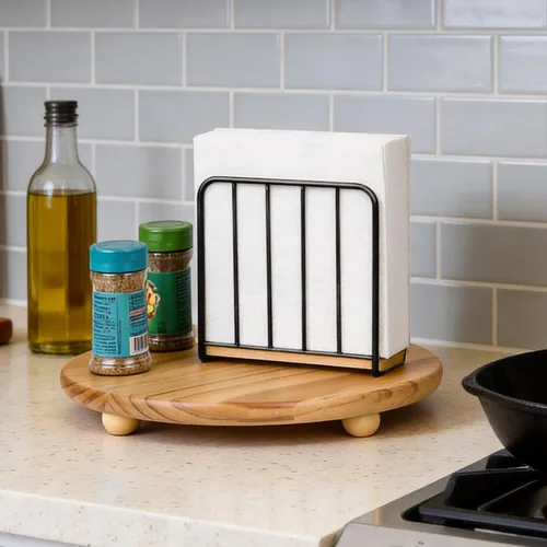 Vista 3 de Servilletero moderno de granja para mesa, base de madera maciza pesada con diseño de metal, dispensador vertical de servilletas para encimera