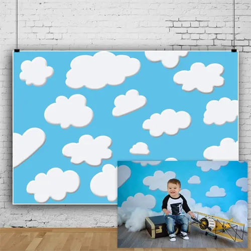 Vista 2 de Laeacco Fondo de dibujos animados de 7 x 5 pies, cielo azul, nubes blancas, fondo de fotografía para fiesta temática de cumpleaños, baby shower