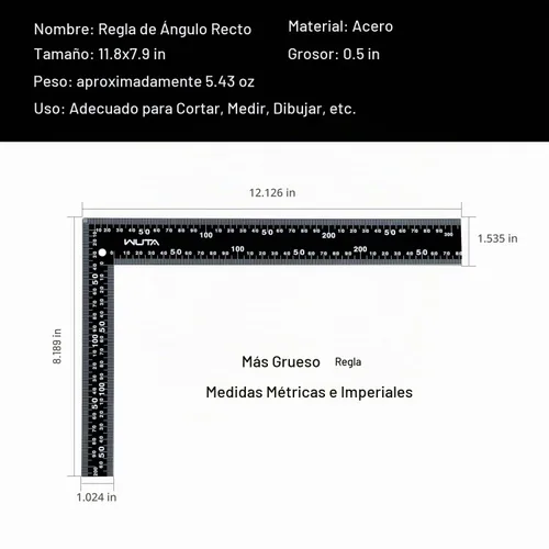 Vista 6 de WUTA Cuadrado de carpintero, regla cuadrada en L, marco de carpintero, cuadrado cuadrado de acero inoxidable, regla de ángulo recto, cuadrado