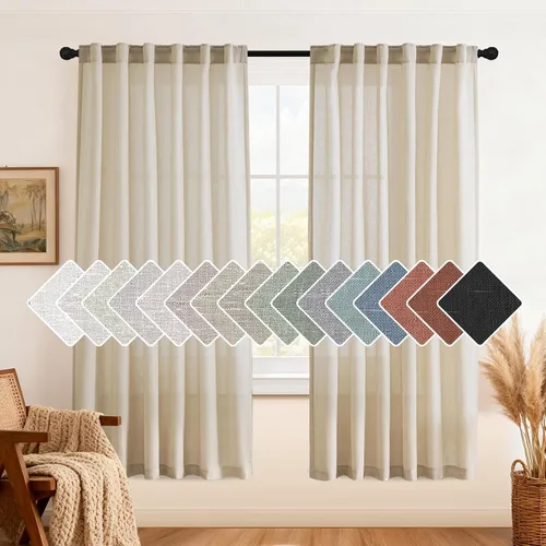 Vista 38 de H.VERSAILTEX Cortinas de lino natural de 63 pulgadas de largo para sala de estar, 2 paneles con trabillas traseras y bolsillo, texturizadas