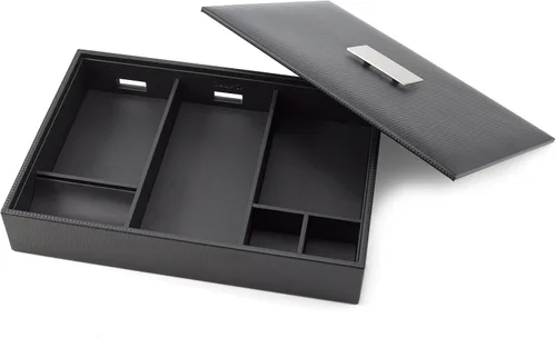 Vista 8 de Glenor Co Bandeja de valet para hombre, organizador de aparador y tapa, caja de accesorios de joyería de lujo con 6 ranuras, diseño de fibra