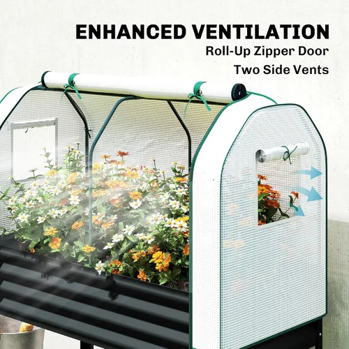 Vista 4 de Outsunny Cama de jardín elevada galvanizada con cubierta de invernadero Negro