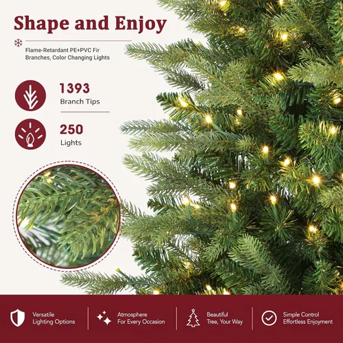 Vista 3 de Alupssuc - Árbol de Navidad artificial preiluminado de abeto con bisagras 250 luces blancas cálidas y multicolor, control remoto, 1393 puntas