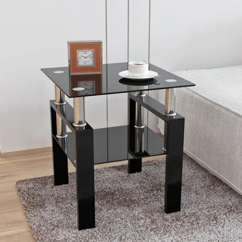 Vista 6 de Mesa auxiliar moderna de vidrio templado, mesa de centro cuadrada para sala de estar, mesa de té de cristal, mesa auxiliar de sofá (negro, 1 unidad)