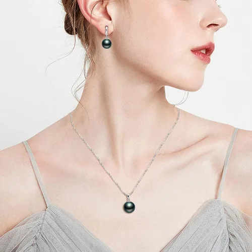 Vista 4 de Pendientes de perlas con cadena de ondas, borla y perlas de plata esterlina, collar de perlas artificiales, collar de novia, conjuntos de joyas