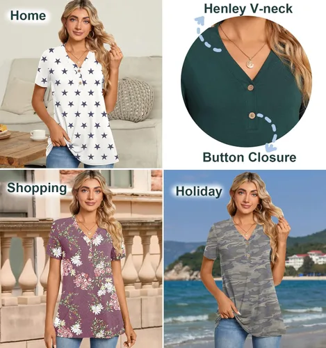 Vista 5 de BISHUIGE - Blusa tipo túnica con cierre de botones para mujer, escote en V, estilo informal