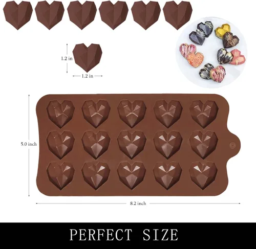 Vista 2 de Moldes de silicona para chocolate pequeños con forma de corazón de diamante, 4 paquetes (4 x 15 cavidades), para hornear bombas de chocolate, mini