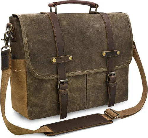 Vista 12 de Bolso mensajero para hombre de 15.6 pulgadas, impermeable, de cuero auténtico, encerado, maletín de lona grande, bolso de hombro de cuero resistente