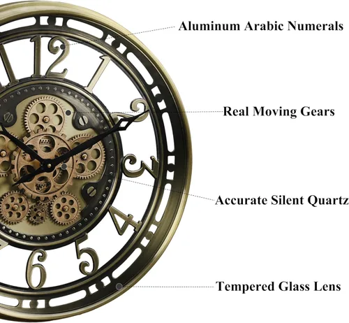 Vista 2 de CLXEAST Reloj de pared de engranajes en movimiento industrial de 21 pulgadas, reloj de pared moderno de estilo granja con números arábicos, funciona
