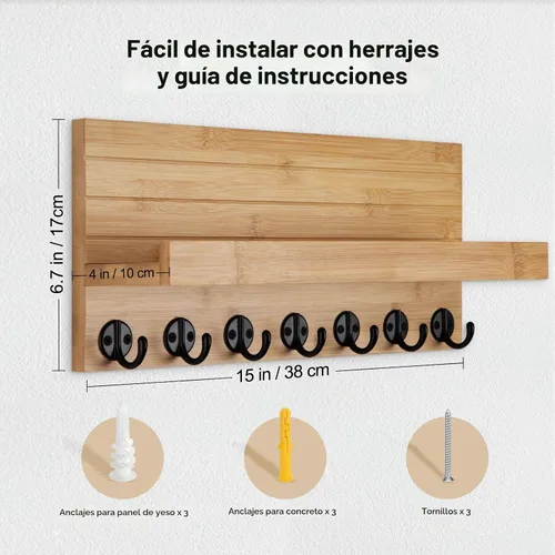 Vista 6 de Lwenki Soporte para llaves de pared, llave de entrada y soporte para correo con 7 ganchos resistentes para lentes de sol, correa de perro, estante