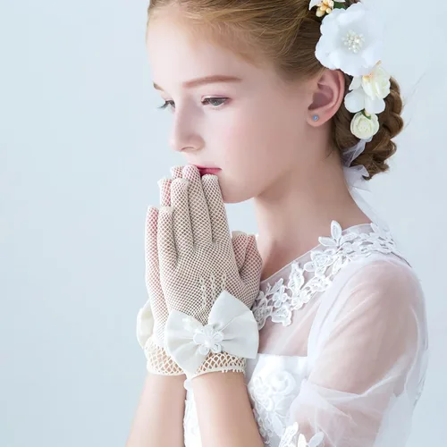 Vista 2 de Guantes blancos para primera comunión, princesa, fiesta de té para niñas de 3 a 12 años