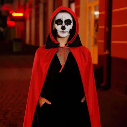 Vista 7 de NOLITOY Capa de vampiro de Halloween, cuello alto, color negro y rojo, reversible, con capucha desmontable, para mujeres y hombres, fiesta
