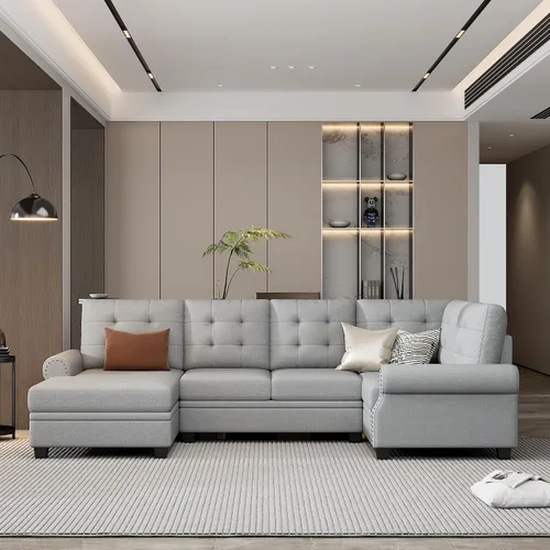 Vista 16 de KLMM Elegante sofá modular grande en forma de L de 2 piezas con dos almohadas, para sala de estar, oficina, apartamento, dormitorio, salón