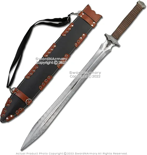 Vista 5 de Munetoshi 36" machete de doble filo espada corta manganeso acero batalla listo para la batalla funda de cuero