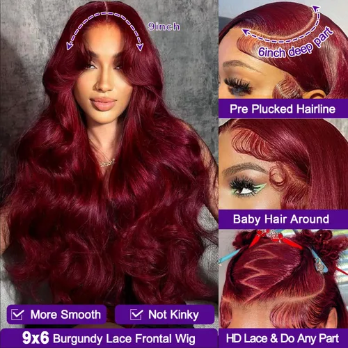Vista 3 de Daphernew Pelucas de cabello humano ondulado sin pegamento, precortadas, densidad del 180 %, encaje frontal HD, color rojo cereza, peluca de cabello