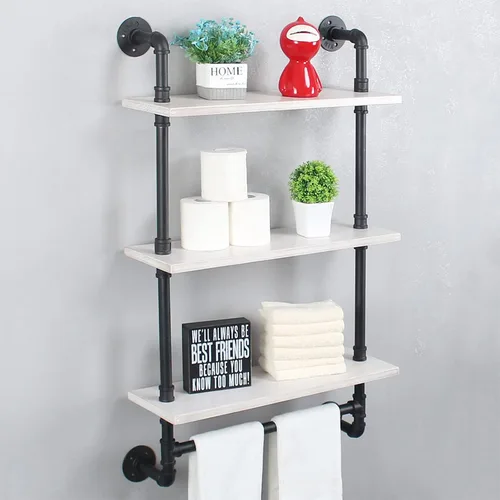 Vista 11 de MBQQ Estantes de tubería para baño en negro y blanco con toallero sobre el inodoro, estantes flotantes de 24 pulgadas de madera de pino para montaje