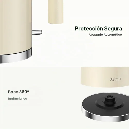 Vista 4 de ASCOT Hervidor eléctrico, interior de acero inoxidable de 1,5 L, sin plástico, 1500 W de ebullición rápida, diseño retro, apagado automático