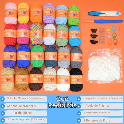Vista 4 de 24 Pack de Hilo de Ganchillo para Principiantes Azul Rosa Púrpura Marrón Arcoíris de Algodón para Tejer y Ganchillo con Puntos Fáciles de Ver Kit
