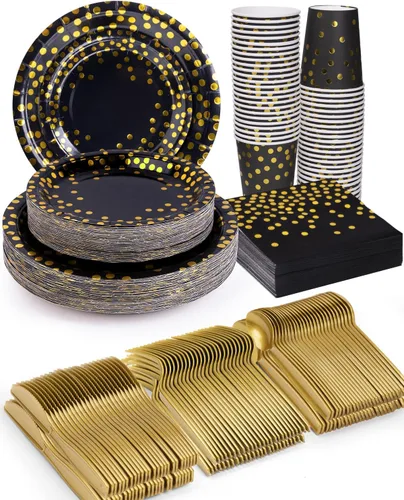 Vista 8 de 224 piezas de suministros para fiestas, platos de fiesta negros y dorados, juegos de vasos y servilletas con cuchillos, tenedores y cucharas