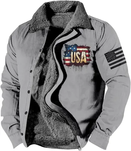 Vista 30 de LOAIHA Chaqueta de invierno para hombre, chaqueta de bandera estadounidense, abrigos occidentales para hombre, con cremallera, forro polar cálido