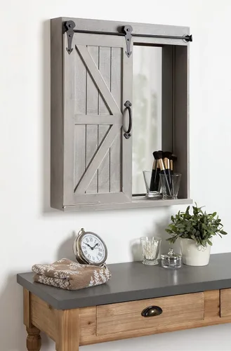 Vista 4 de Kate and Laurel Cates - Armario decorativo de madera para almacenamiento de pared con espejo rectangular y puerta corrediza de granero, 22 x 28 Gris
