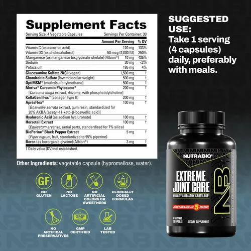 Vista 4 de NutraBio Extreme Joint Care - Suplemento de apoyo articular - Suplemento de salud articular, apoya articulaciones, movilidad y cartílago - 120