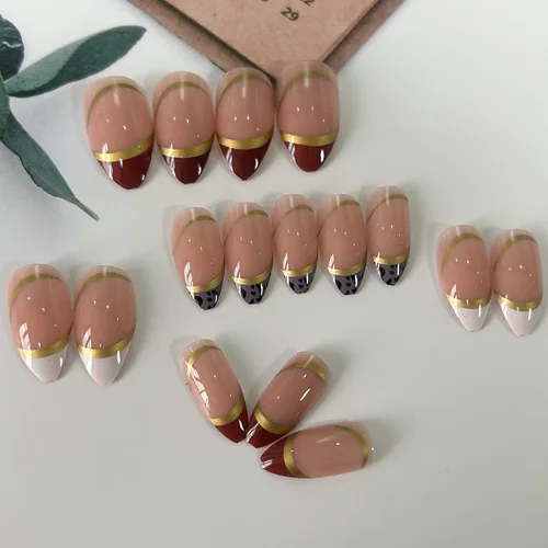 Vista 5 de Uñas postizas cortas francesas en forma de almendra con diseño de línea dorada y estampado de leopardo, uñas artificiales acrílicas de cobertura