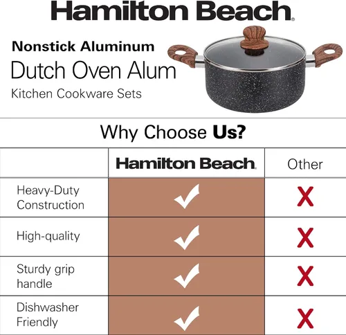 Vista 5 de Hamilton Beach Revestimiento de mármol antiadherente de 3 cuartos de galón con calefacción uniforme, olla de horno holandés redonda con tapa