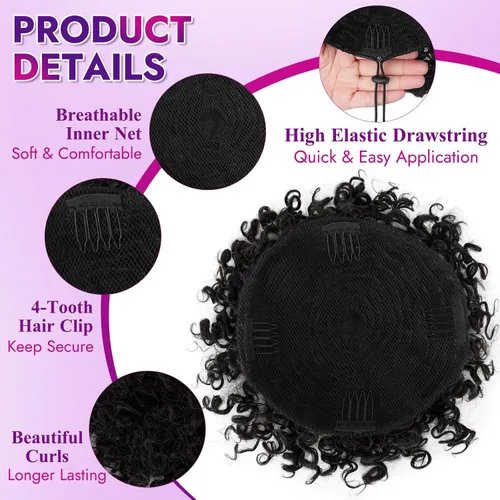 Vista 3 de PEACOCO - Piezas de pelo para moño desordenado para mujer, gran moño afro rizado elástico con cordón, moño de onda suelta sintético, extensión