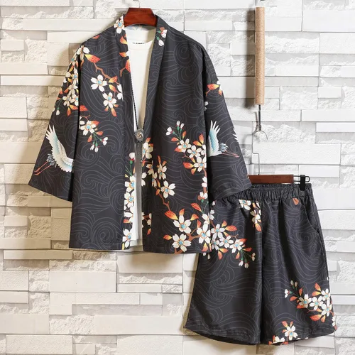 Vista 8 de PRIJOUHE Mens Kimono Two Piece Set Japanese Yukata Summer Beach Outfits